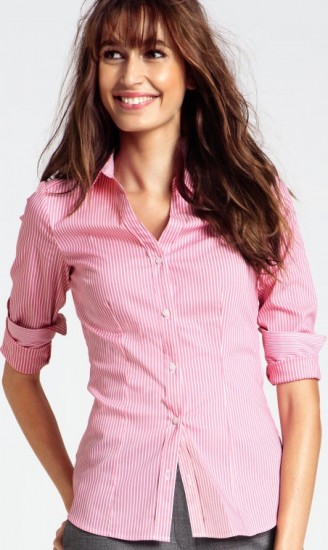 H&M pembe çizgili streç bayan baharlık gömlek modeli