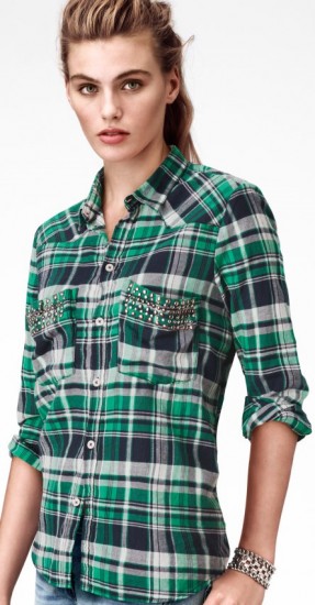 H&M yeşil kareli bayan baharlık gömlek modeli