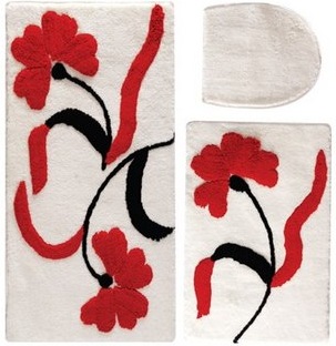 Kırmızı beyaz çiçekli banyo paspas takımı modeli