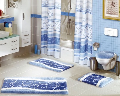 Mavi beyaz banyo paspas takımı modeli