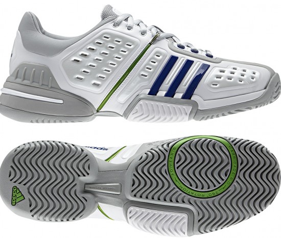 Mavi yeşil bantlı beyaz Adidas Barricade erkek spor ayakkabı modeli