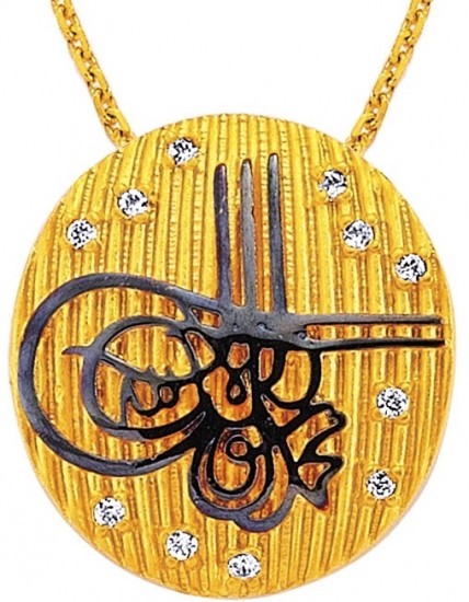 Tuğralı taşlı çizgili Koçak Gold Osmanlı kolye modeli