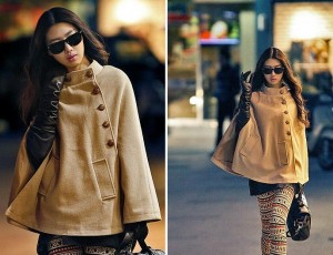 Bej rengi düğmeli kaşe bayan panço modeli