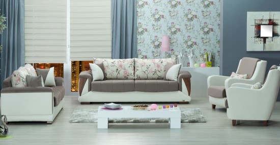 Kilim Mobilya pembe çiçekli vizon krem Valencia koltuk takımı modeli