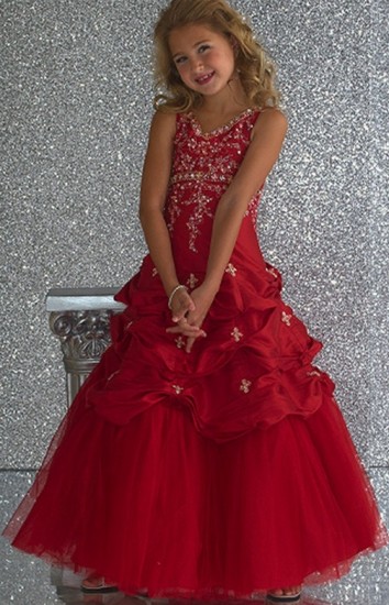 Pullu kırmızı kız çocuk abiye elbise modeli
