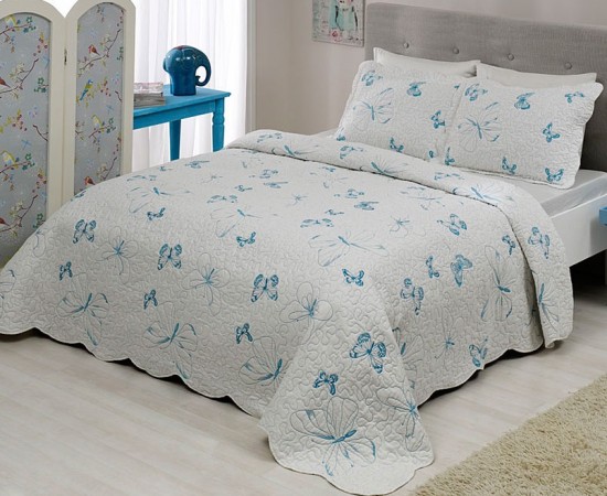 Taç Butterfly mavi kelebekli çift kişilik yatak örtüsü modeli